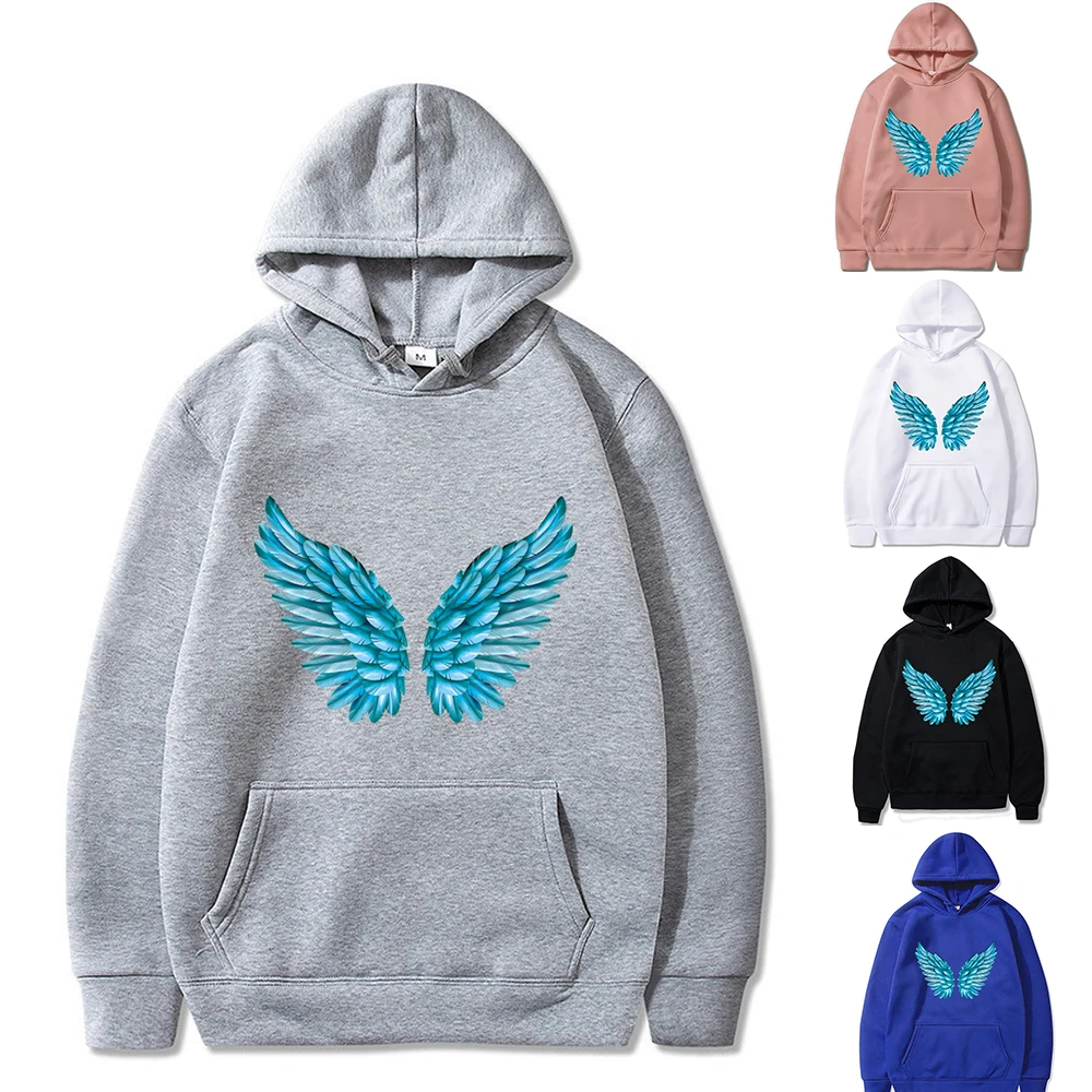 

Men and Women Hoodie Sweatshirt Streetwear Blue Wings Printed Long Sleeve Sweatshirts Y2k Unisex Pullover Top All-match Clothes