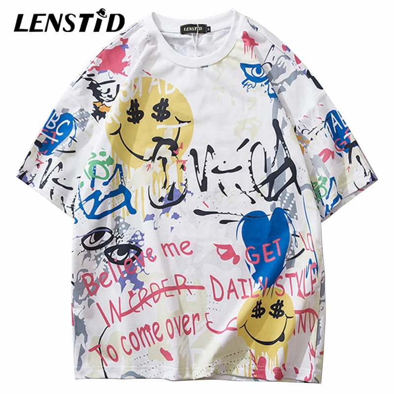 LENSTID Мужская футболка со смайликом и граффити Harajuku 2020 уличная в стиле хип-хоп