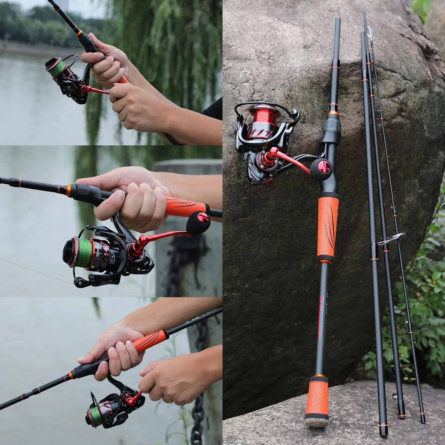 

Sougayilang 1.8m 2.1m 2.4m Portable 4 Section Carbon Fiber Spinning Fishing Rod and 13+1BB Spinning Reel Travel Fishing Combo