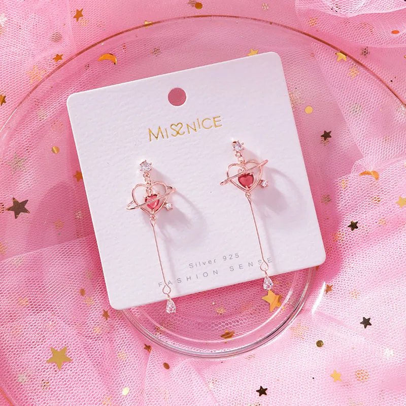 

2020 New Arrival Crystal Vintage Pink Love Zircon Drop Earrings For Women Temperament Long Heart Crystal Pendant Jewelry