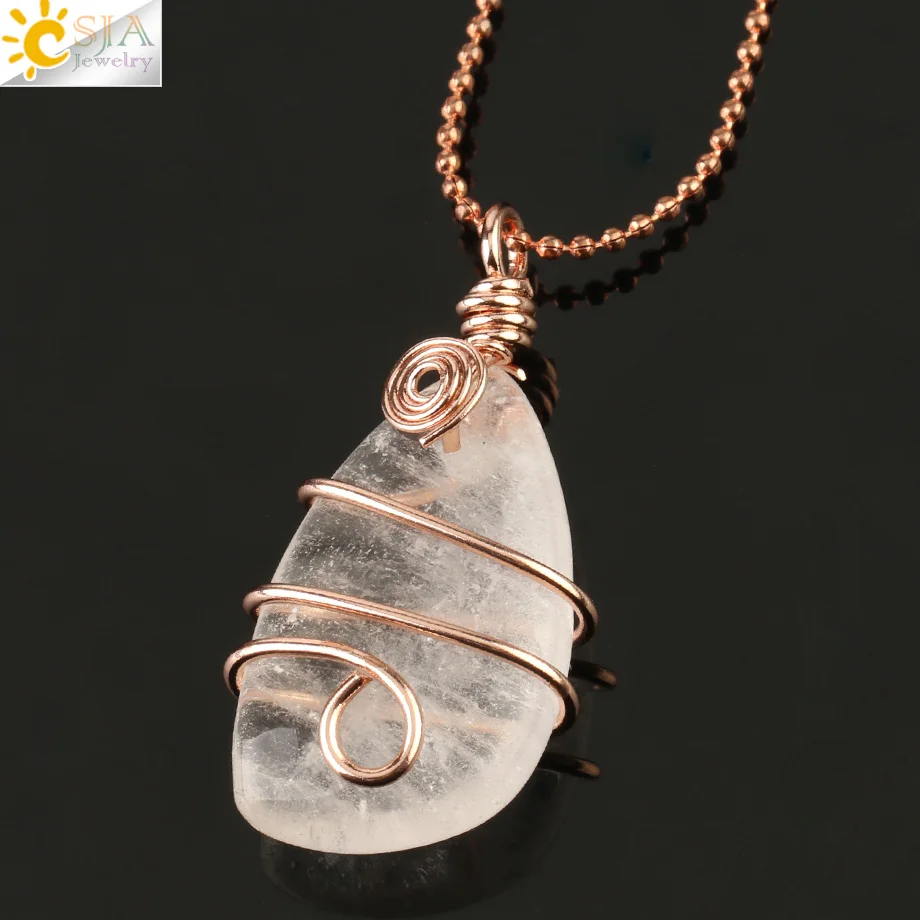 White Crystal Chain CSJA натуральный камень медная проволока обертывание кулон неправильная Геометрическая бусина розовое золото цвет ожерелье для женщин мужчин Исцеление ювелирные изделия G196 - Окраска металла: White Crystal Chain