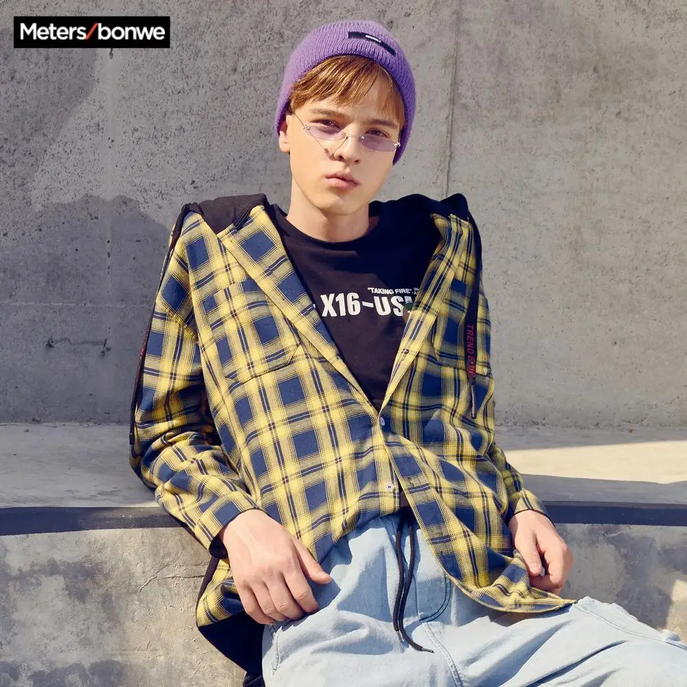 Мужская хлопковая рубашка Metersbonwe свободная клетчатая для студента Повседневная