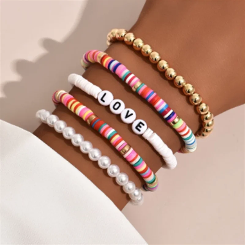 

5 unids/set bohemio étnico Hamdmade Multicolor pulsera para mujer moda cerámica blanda Retro perlas pulsera wholesale
