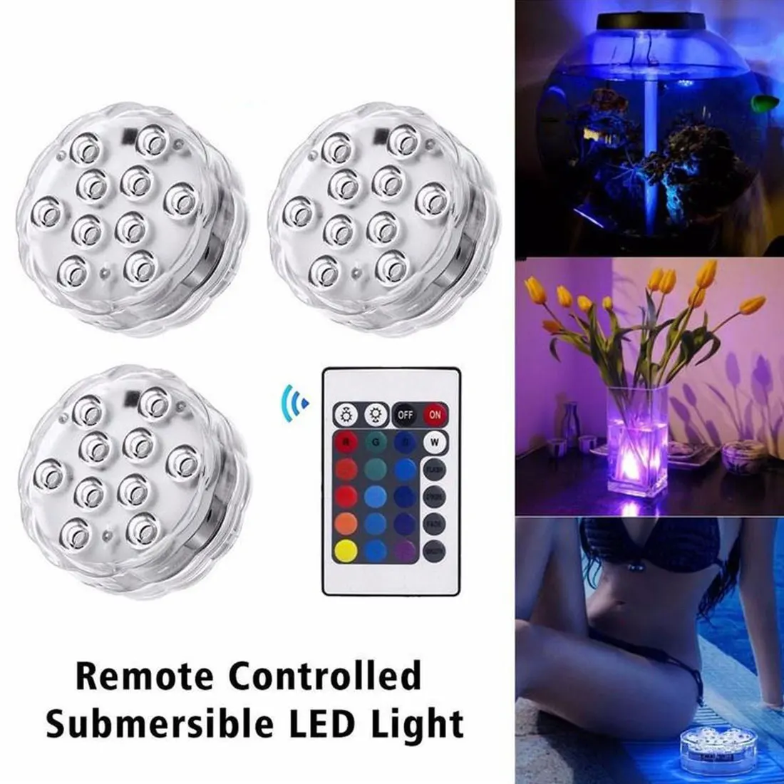 

10 Led Remote Controlled RGB Submersible Light Underwater Night Light Garden Swimming Pool Light for Wedding Party Vase Bowl