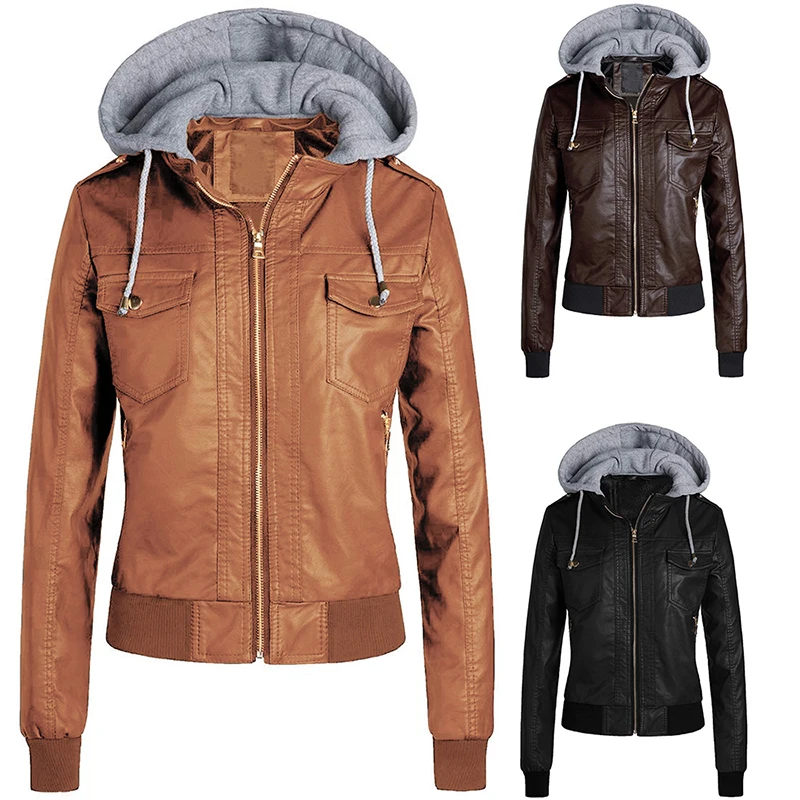 Женская куртка из искусственной кожи осенне зимняя ветрозащитная с капюшоном и