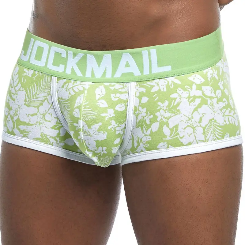 JM447-Green Бренд JOCKMAIL, мужские боксеры, хлопковое сексуальное мужское нижнее белье, боксеры с u-образной выпуклой сумкой, трусы с принтом листьев, Сетчатое дышащее нижнее белье для геев - Цвет: JM447-Green