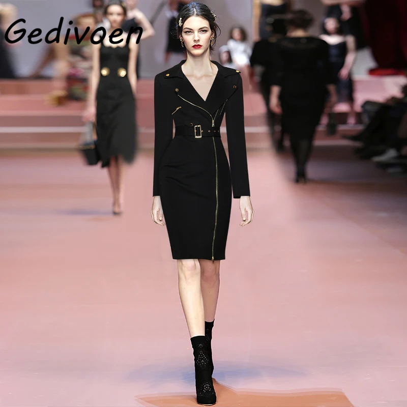 

Gedivoen Designer Autumn Party Zippers Dress Women's Fashion Long Sleeve Sashes Bodycon Temperament Package Buttocks Dresses
