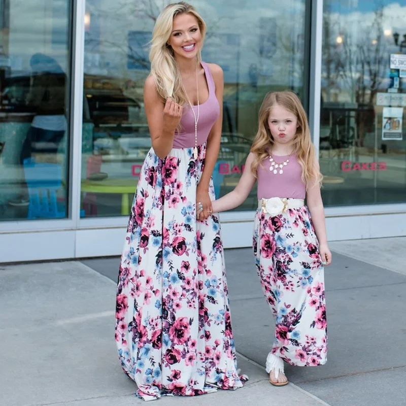 

Family Matching Dress Summer Mommy and Me Autumn Mother Daughter Matching Floral Print Splice Cotton Dresses