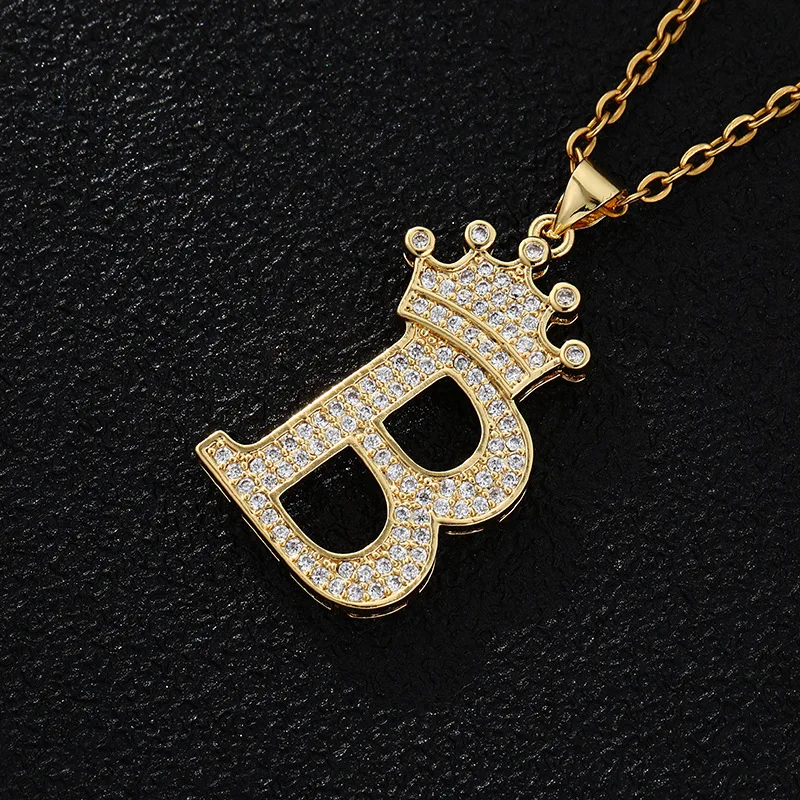 

New Luxury Copper Zircon A-Z Crown Alphabet Pendant Chain Necklace Punk Hip-Hop Style Fashion Woman Man Initial Name Jewelry