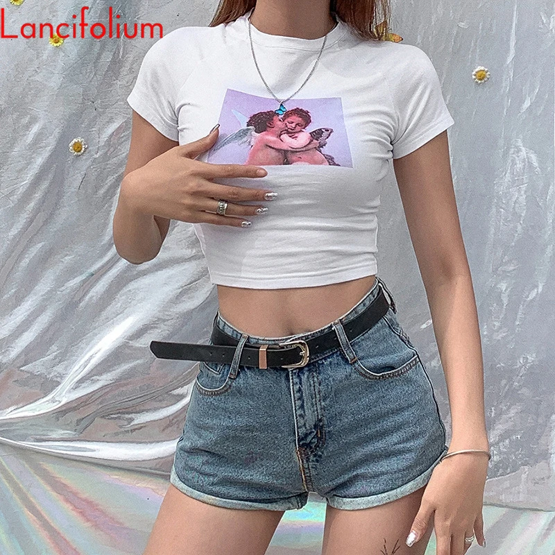 Сексуальный укороченный Топ для женщин летняя футболка с коротким рукавом и