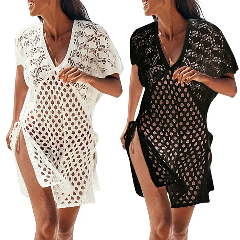 

Hirigin 2021 Women Summer Sun-Proof Dress, Solid Color Hollow V-Neck Short Sleeves Swimsuit Cover for Girls, White/Black