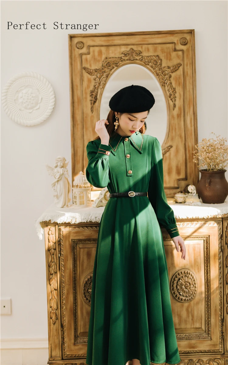 High Quality 2020 Spring Autumn Hot Sale Retro Peter Pan Collar Long Sleeve Women Dress With Belt Green | Женская одежда