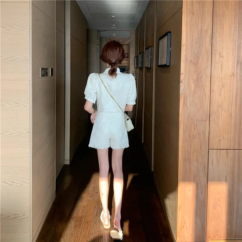 

2020 summer Tweeds Two Piece Set For Women short sleeve Crop Tops High Waist Shorts pant Suit Female Elegant 2 piece set women