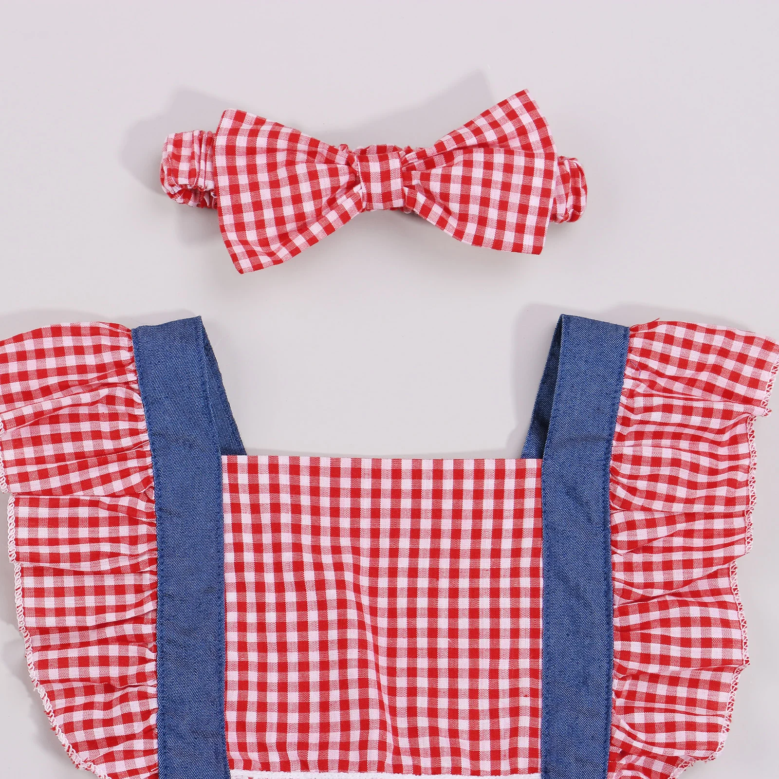 

Toddlers Summer Red Plaid Lace Decoration Fly Sleeve Denim Splicing Romper + Bow Headwear, 2Pcs Sweet Style Baby Girls Outfit,