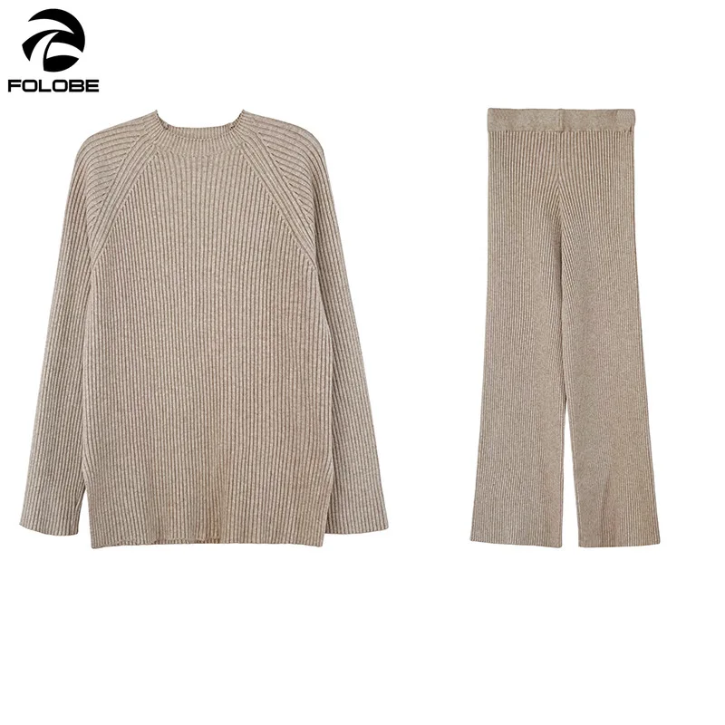 

FOLOBE 2020 Knitting Female Sweater Pantsuit For Women Two Piece Set Knitted Pullover Long Sleeve Top Wide Leg Pants Suit