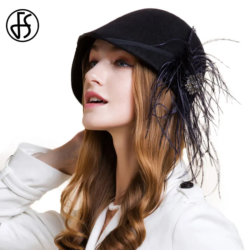 Женская винтажная фетровая шляпа FS черная с широкими полями украшенная стразами
