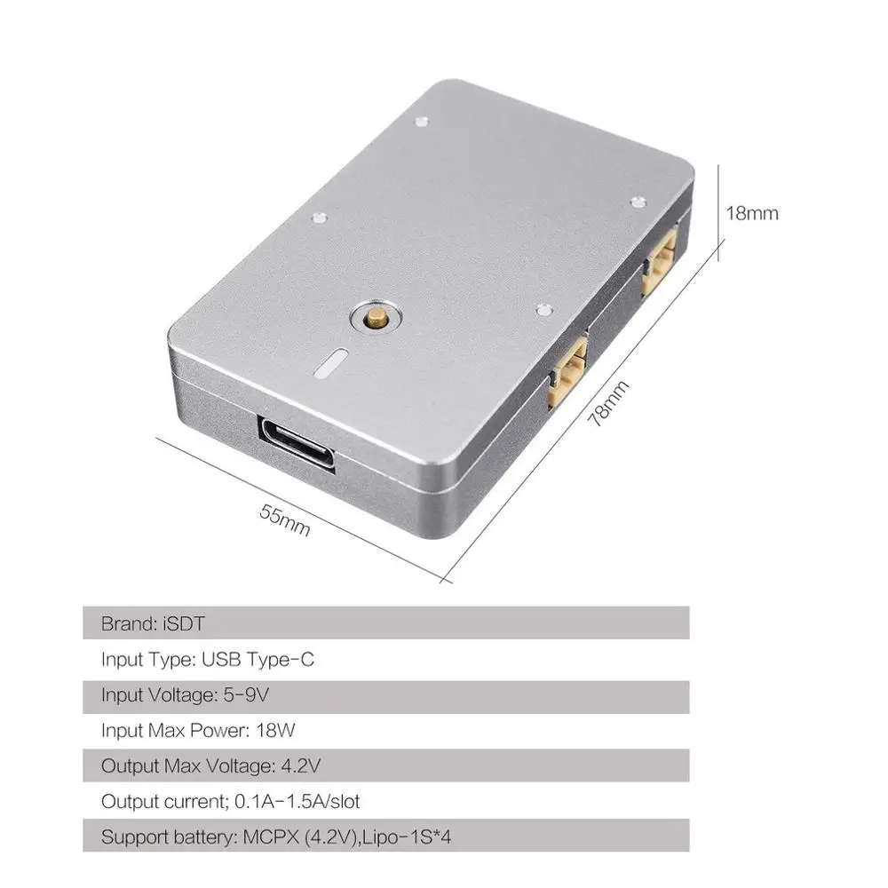 

ISDT UC4 18W 4X1.5A 1S MINI Smart Battery Charger With USB Type-C Input PH2.0 Output MCPX for RC Drone