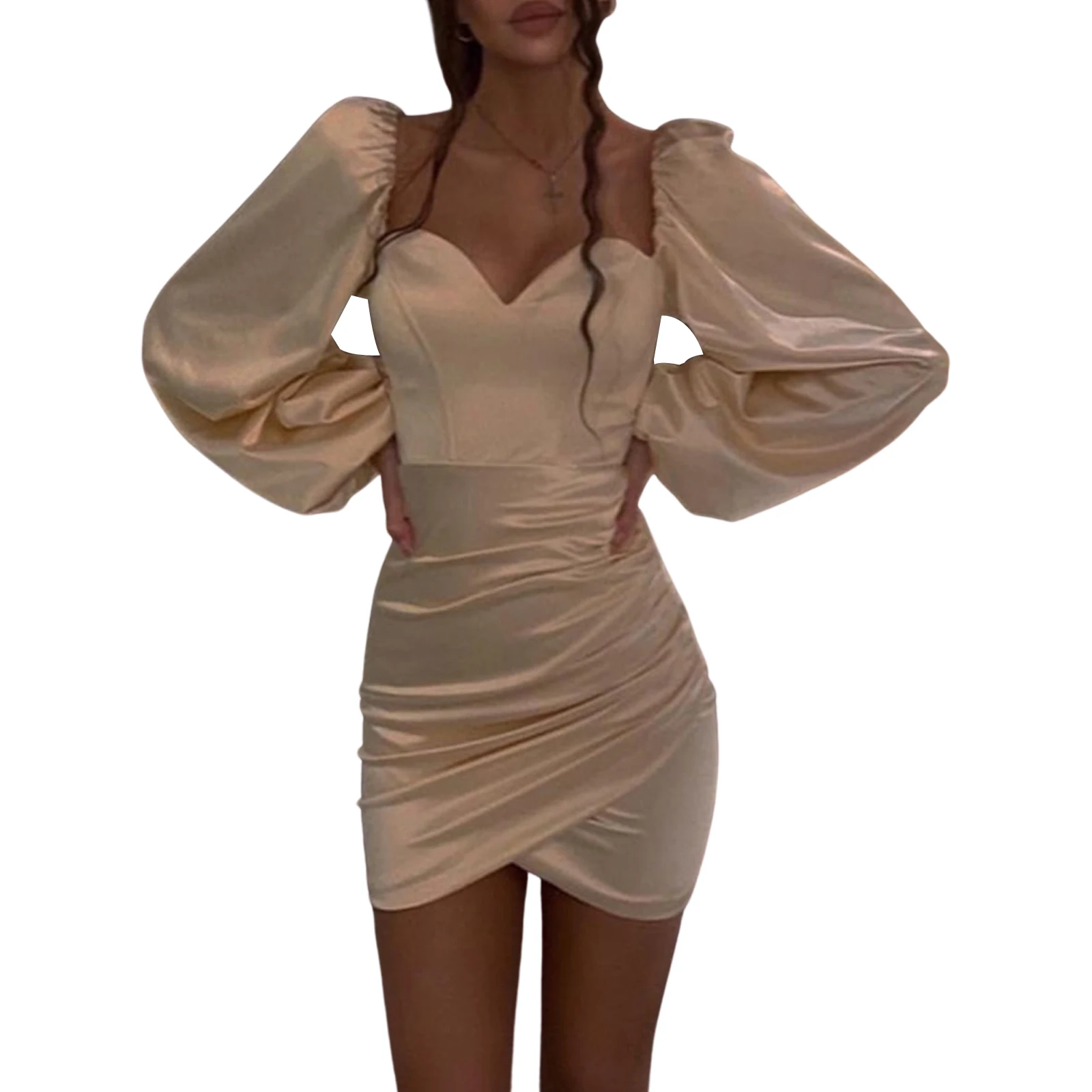 

2021 Women Lantern Sleeve Solid Color Dress Ladies Female Stylish Dress for Party Gathering