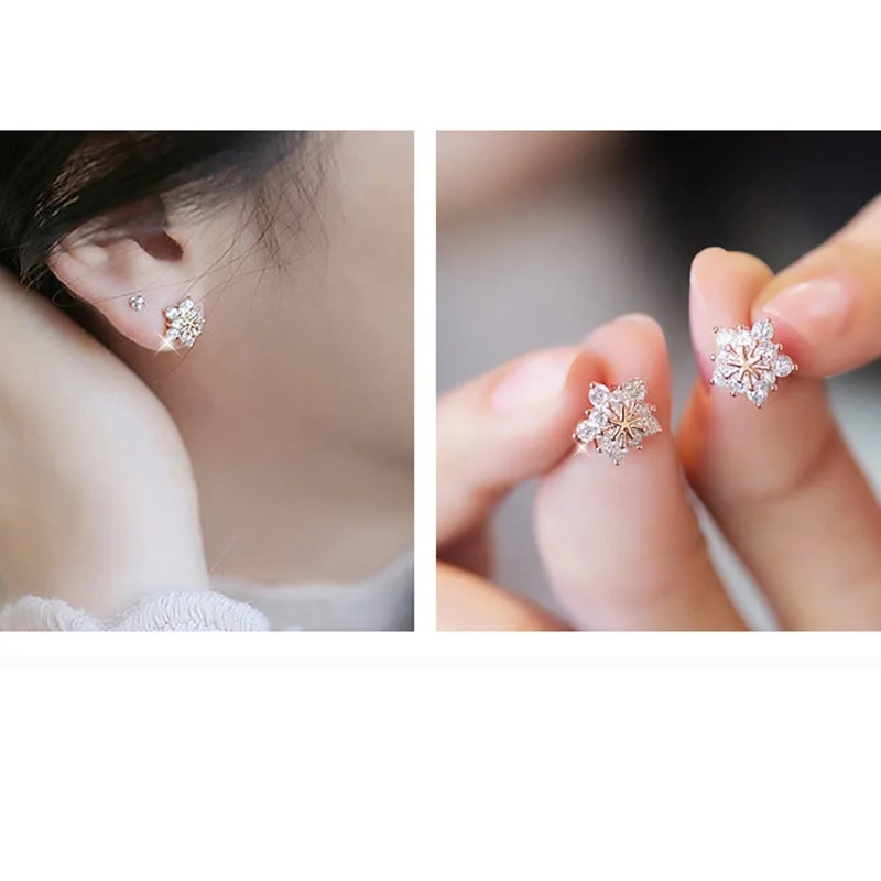Модные женские серьги-гвоздики с кристаллами в виде снежинок разразы стильные