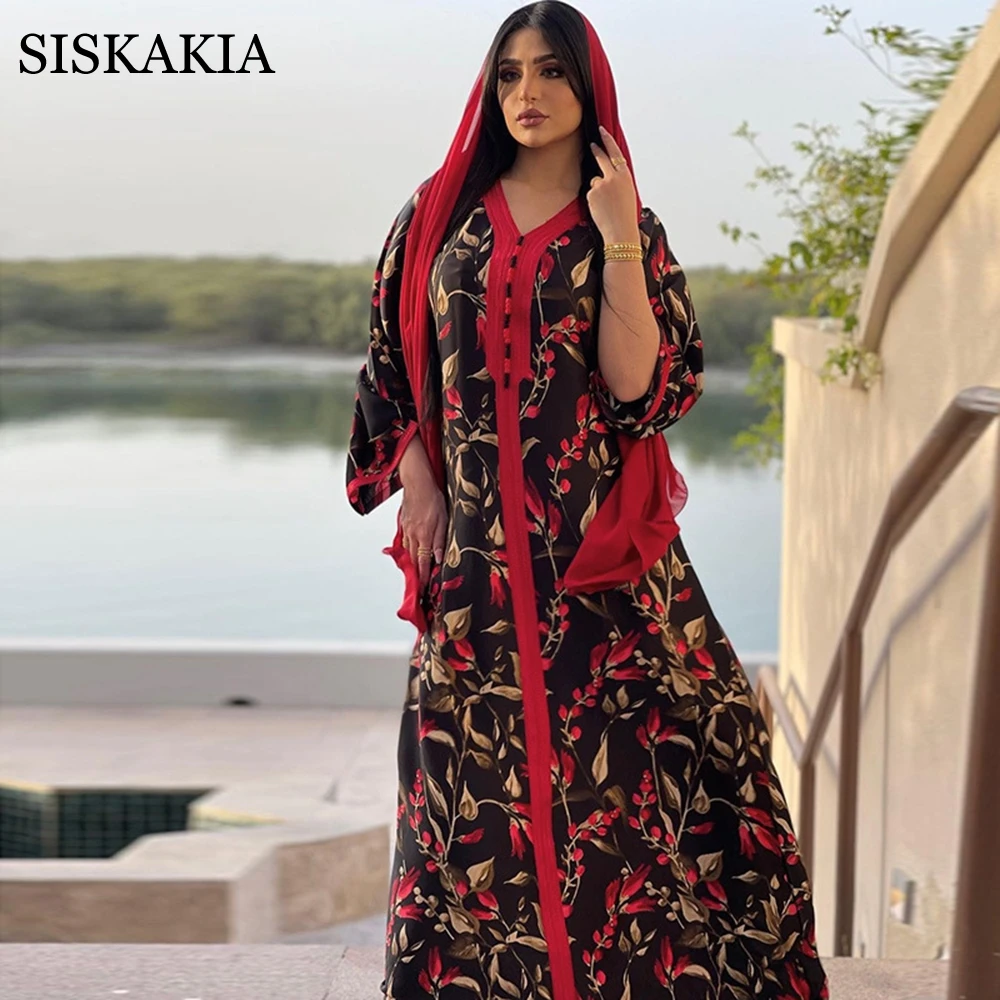 

Siskakia Fashion Muslim Jalabiya Middle East Turkey Dubai Hijab Dress Black Floral Eid 2021 Moroccan Kaftan Arabic Oman Clothing