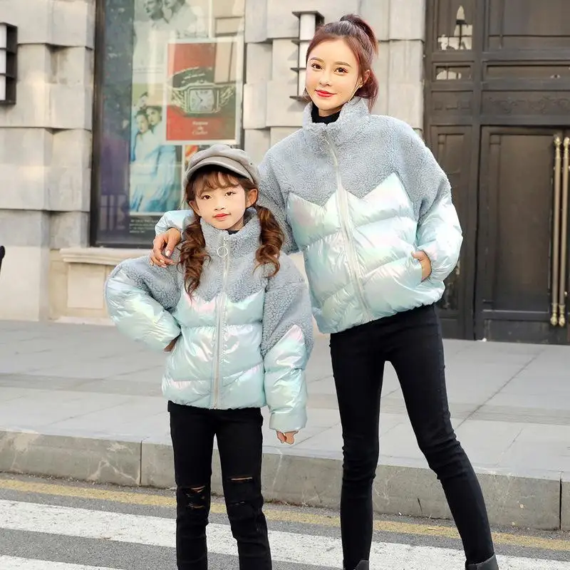Light blue Пальто для мамы и дочки; модная Лоскутная куртка из овечьей шерсти для мамы и дочки; Женское пальто; Верхняя одежда для девочек; одежда для всей семьи - Цвет: Light blue