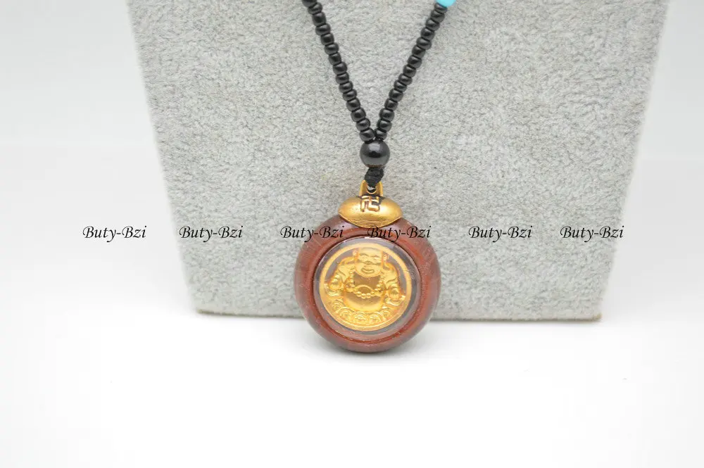 Колье с подвеской из смолы длинная цепочка бусинами в форме Будды золотой цвет со смеющимися деньгами