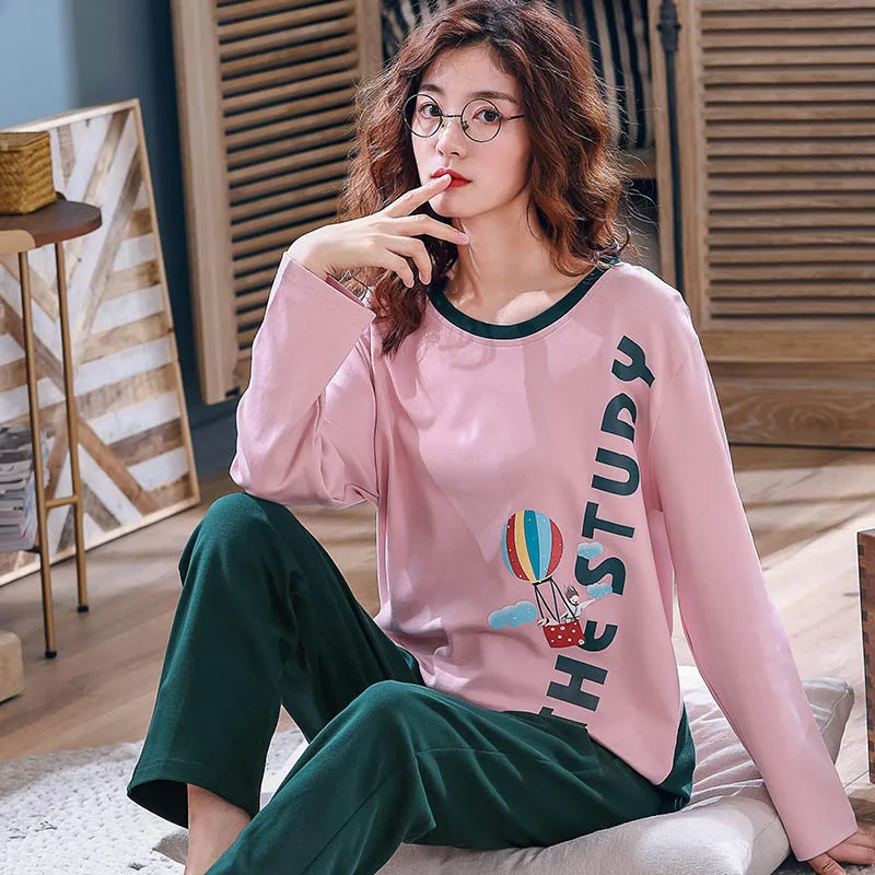 Пижамный комплект женский с длинным рукавом тонкая Милая одежда для сна принтом