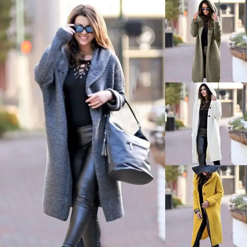 Женское длинное зимнее трикотажное пальто с капюшоном| |