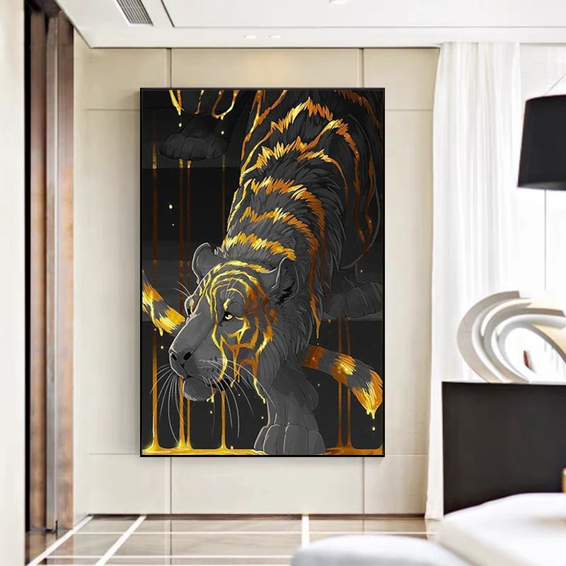 Абстрактный Черный лев тигр с золотыми полосатыми волосками плакаты и искусство