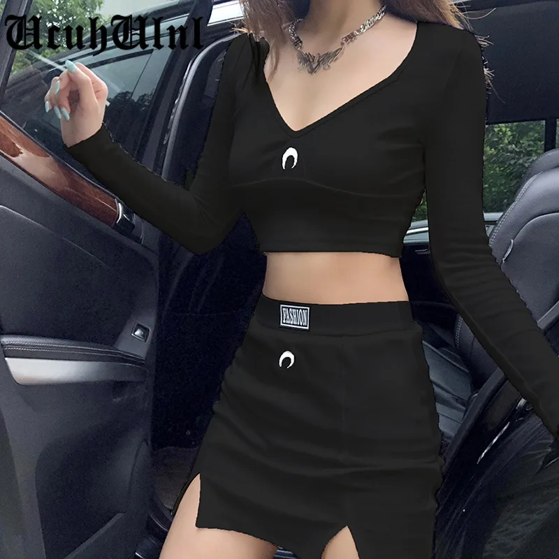 

Casual Fashion Long Sleeve Tops 2piece Sets Women V-neck Bodycon Crop Tops High Waist Mini Skirts 2pcs KittenSets Autumn