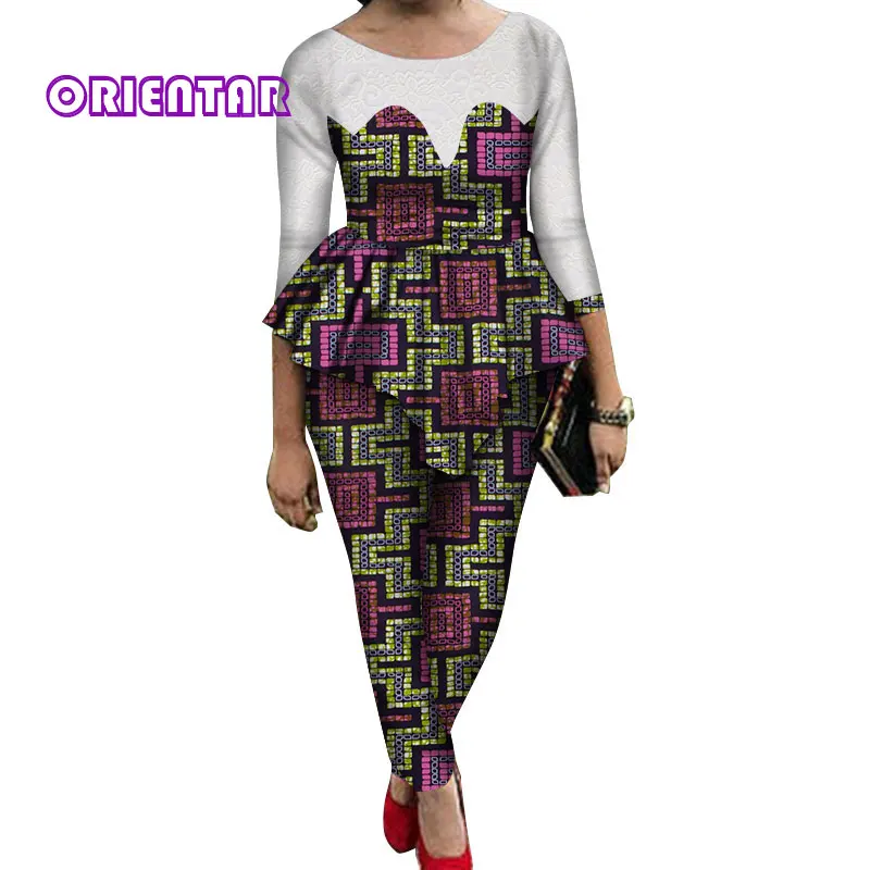 21 2 Pieces Sets Women African Pants Sets African Wax Print Long Sleeve Lace Tops and Pants Women Bazin Riche African Suits WY689 - Цвет: 21