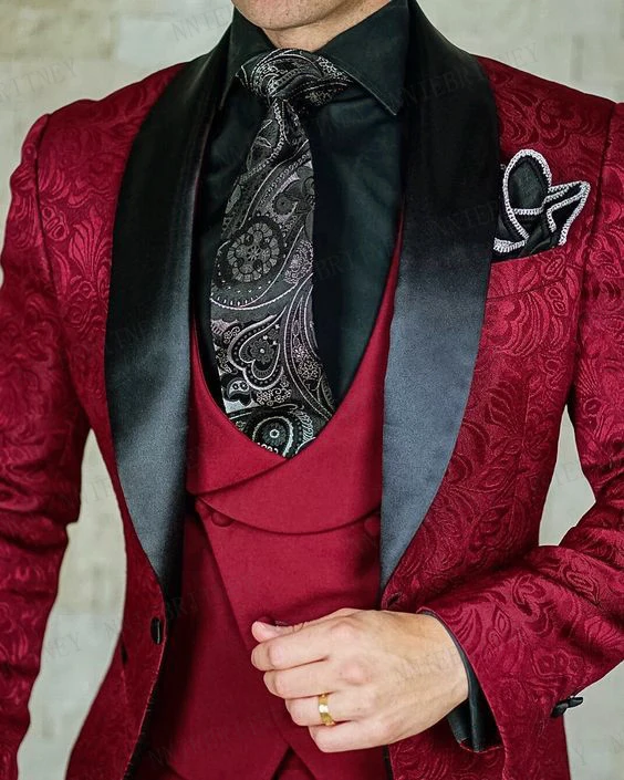 Luxury White Jacquard Suit Male Set Slim Fit Wedding Groom Dress Tuxedo Shawl Lapel Blazer Burgundy Velvet Vest Pants 3Pcs 2025