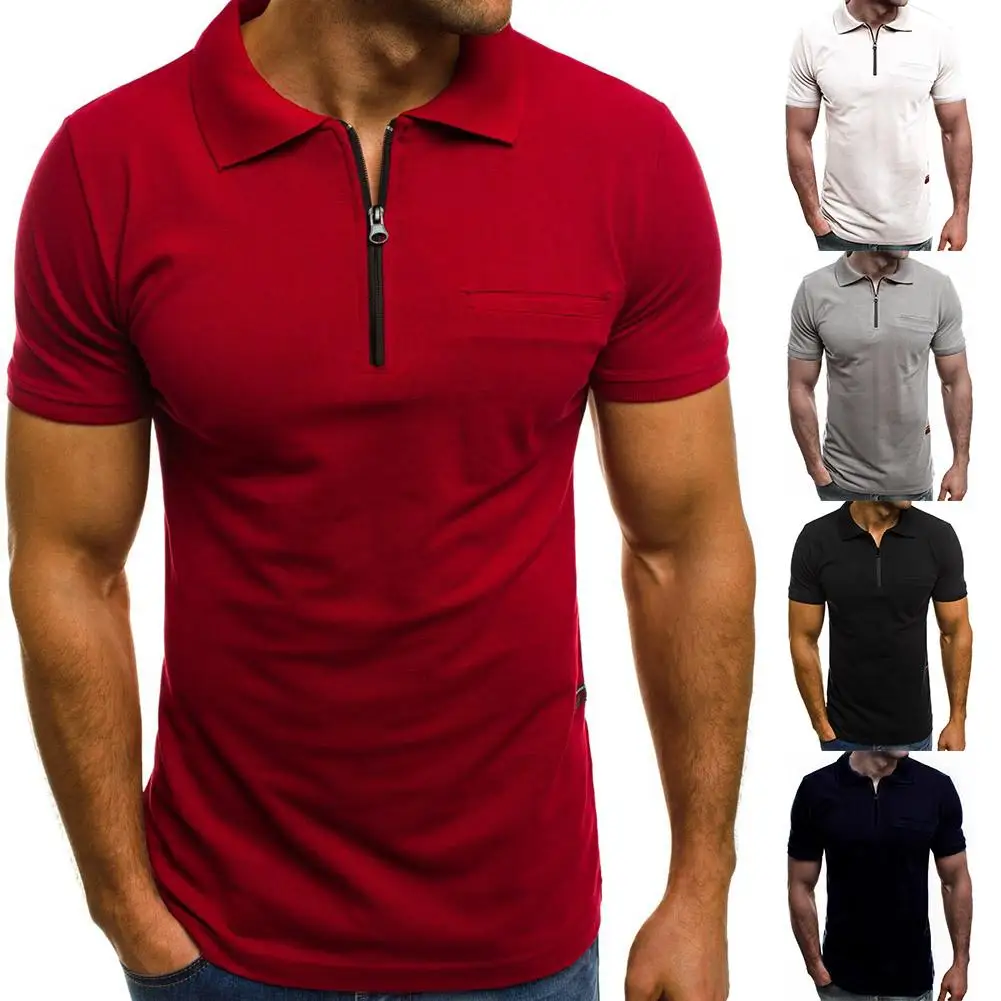 

M-3XL Summer Solid Color Men Patch Pocket Zipper Turn Down Collar Short Sleeve T-Shirt Male Top Men's Clothing 2022