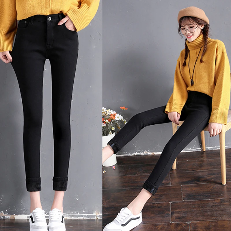 Зимние джинсы женские бархатные джинсовые брюки 2019 Высокая талия длиной до