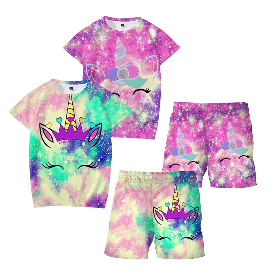 Kids Personality 3D Printing Unicorn T-Shirt Suit Boys And Girls Summer Short-Sleeved Tops + Shorts Toddler Kids Beach Clothes