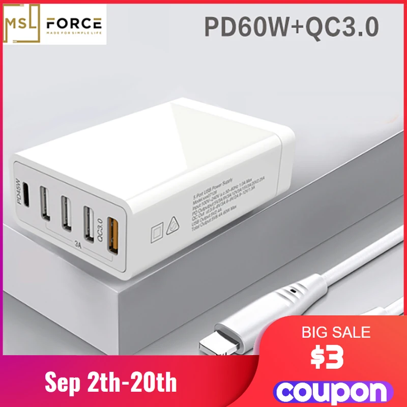 Настольное зарядное устройство типа C PD45W QC3.0 USB 5V2.4A для ноутбука Macbook планшета