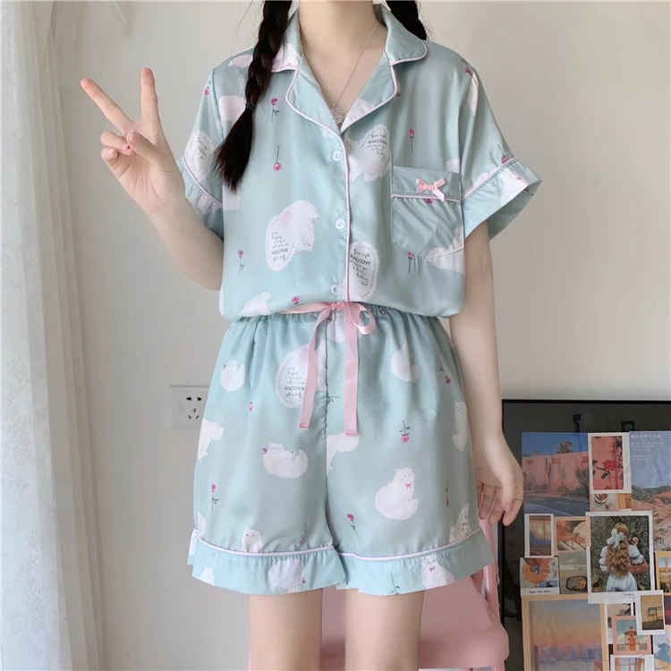 

CBAFU summer homewear 2 piece set women pajama set print soft single breasted shirts tops shorts pijamas sleepwear sweet M957