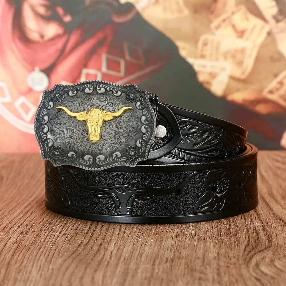 

Western cowboy men's leather dai personality embossed belt youth fashion trend domineering bull head buckle