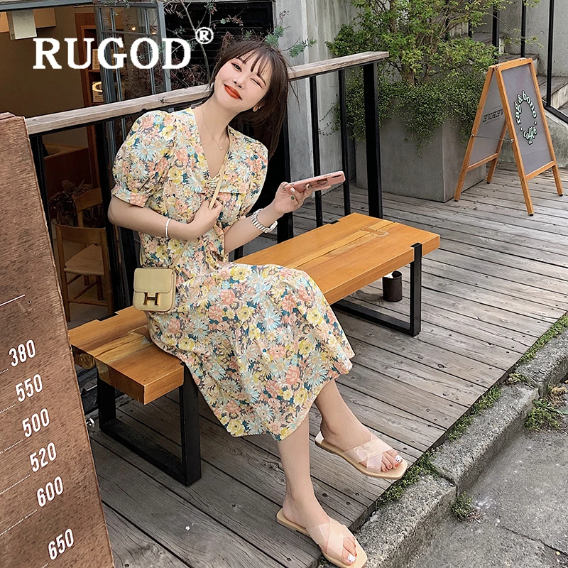 RUGOD в Корейском стиле из шифона с объемным рукавом женское платье Винтаж