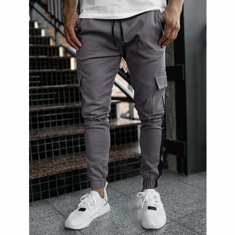 

WEPBEL Mens Casual Solid Multi-pocket Trousers Streetwear Slim Drawstring Cargo Pencil Pants Male Spring Jogging Sweatpants
