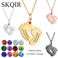 customized baby name necklace personalized footprint pendant 12 colors birthstone crystal stainless steel chain women jewelry