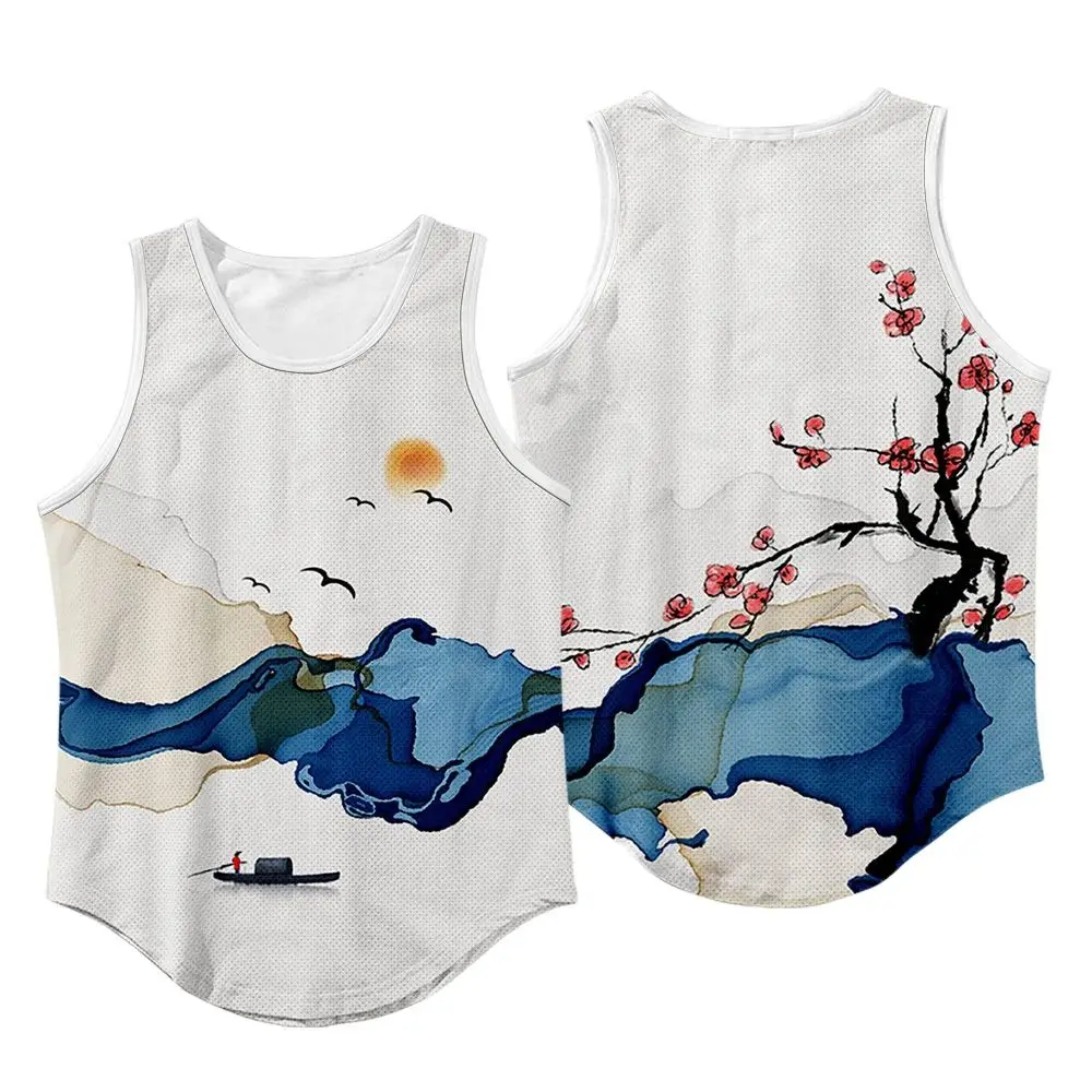 Male Chinese Style White Print Summer Casual Loose Undershirt Vest Men Bodybuilding Tank Top Gyms Fitness Workout Sleeveless