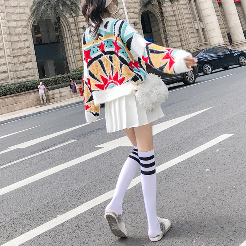 women sweater knitted pullovers long sleeve white red blue star geometric loose mohair M0032 | Женская одежда