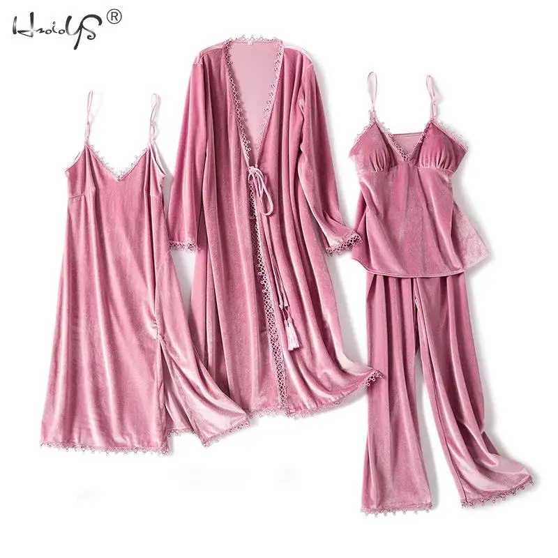 

Velvet 4 Pieces Warm Winter Pajamas Sets Women Sexy Robe Sling Pajamas Sleepwear Kit Sleeveless Nightwear Homewear