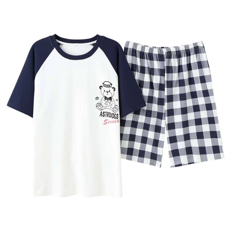 

Fashion Blue Patchwork Cartoon Short Sleeve Lovers Sleepwear Summer Couple Pajamas Set Leisure Cotton Plus Size Men's Homewear