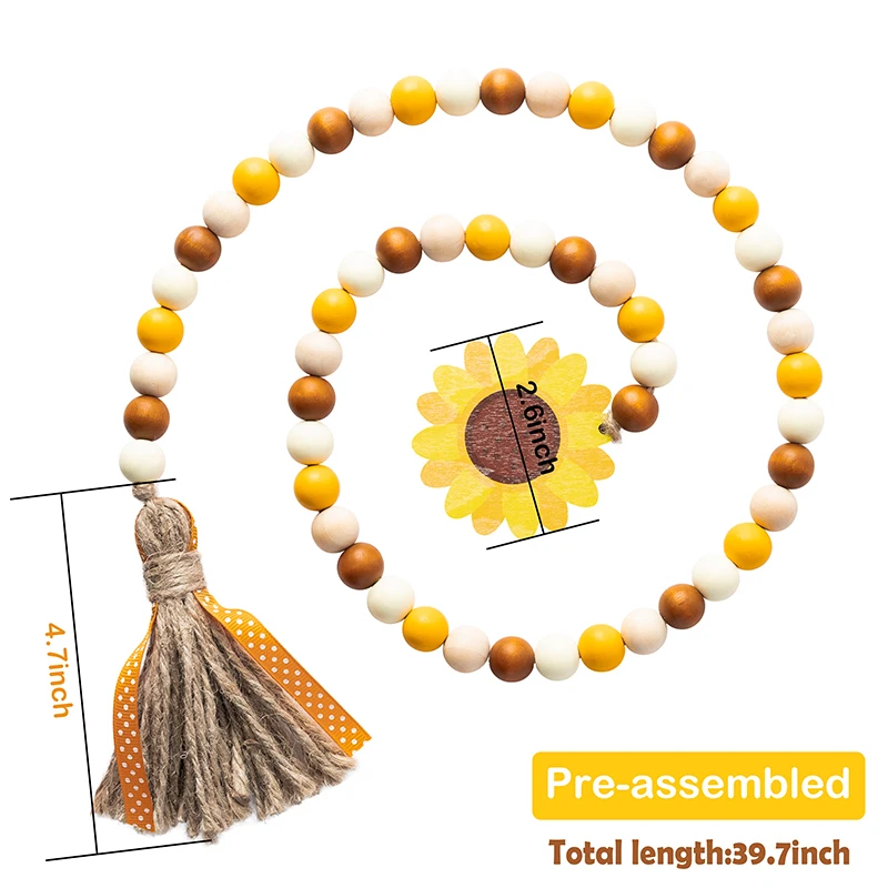 

Sunflower Wood Beads Sunflower Tassel Garland Farmhouse Rustic Beads with Jute Rope Plaid Tassel Natural Wood Beads Decorations