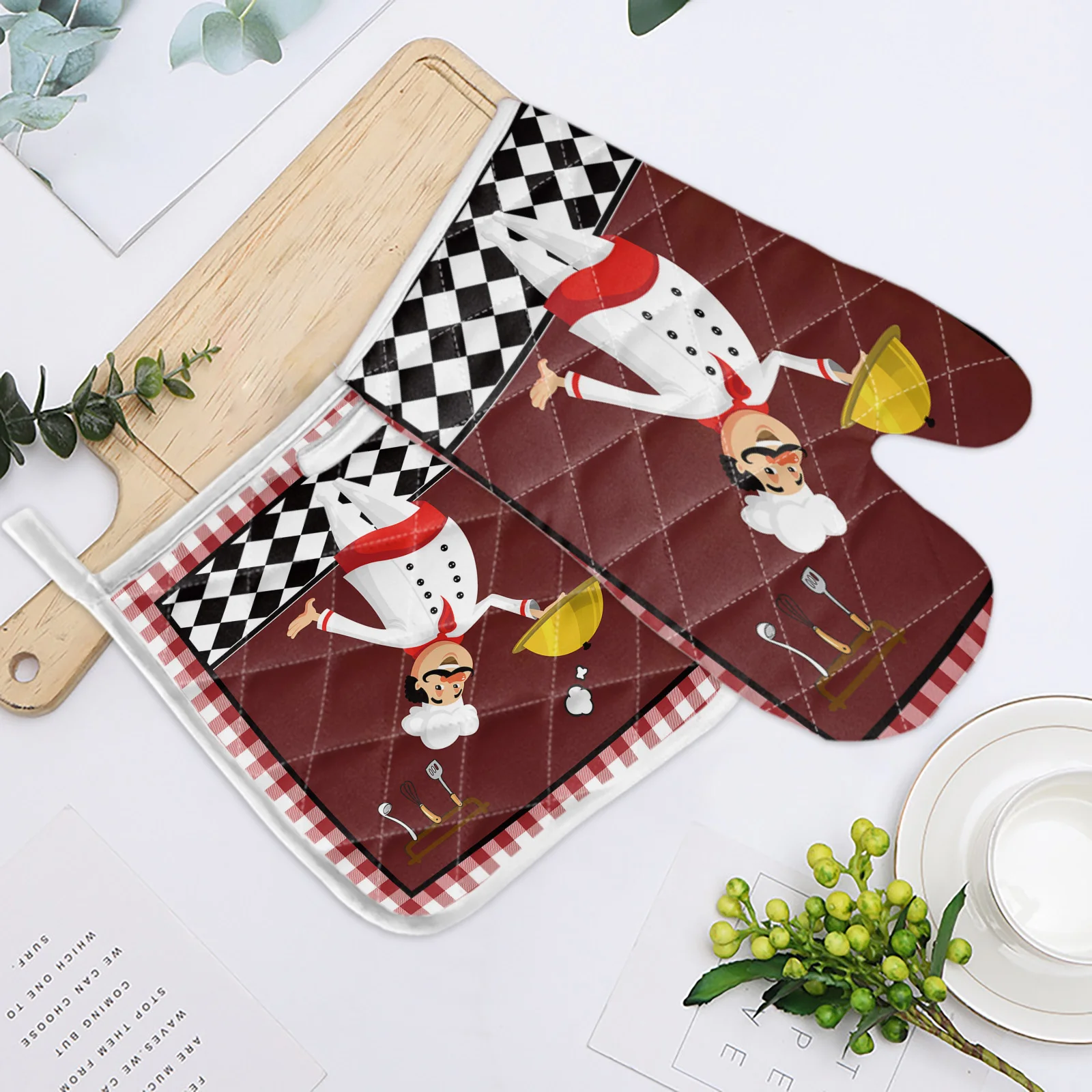 Набор красных клетчатых варежек для шеф-повара ножа и вилки аксессуары выпечки