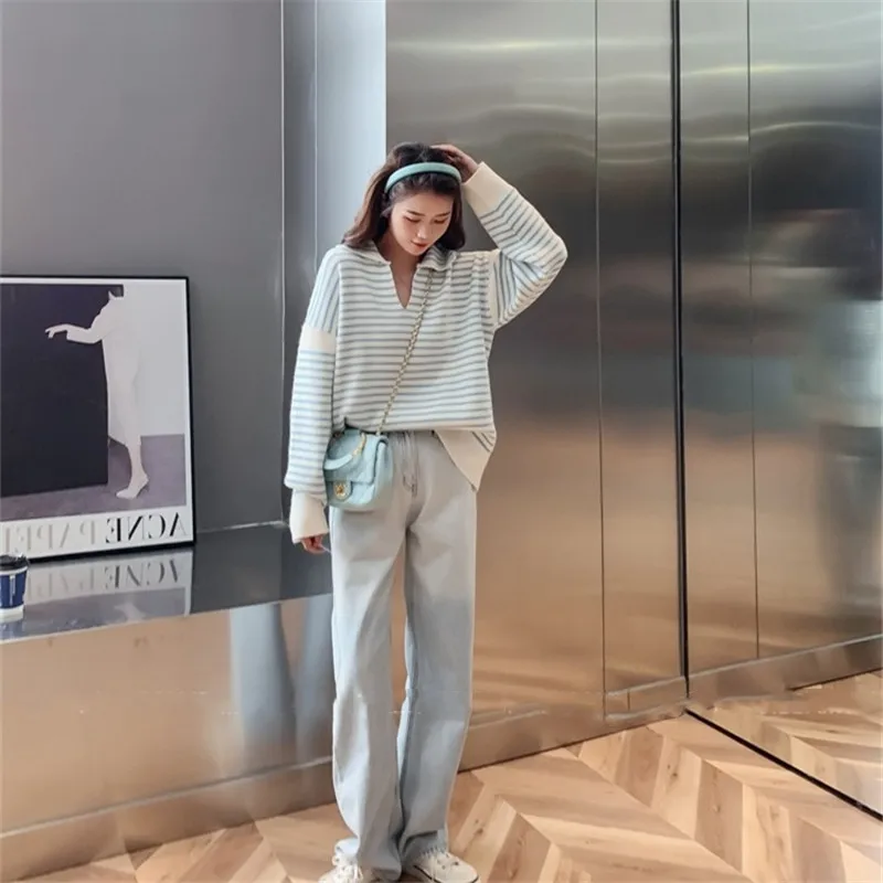 

Autumn And Winter New Cocoon Striped Pullover Sweater Female Korean Version Loose Fashion All Match Small Fragrance Knit TopC378