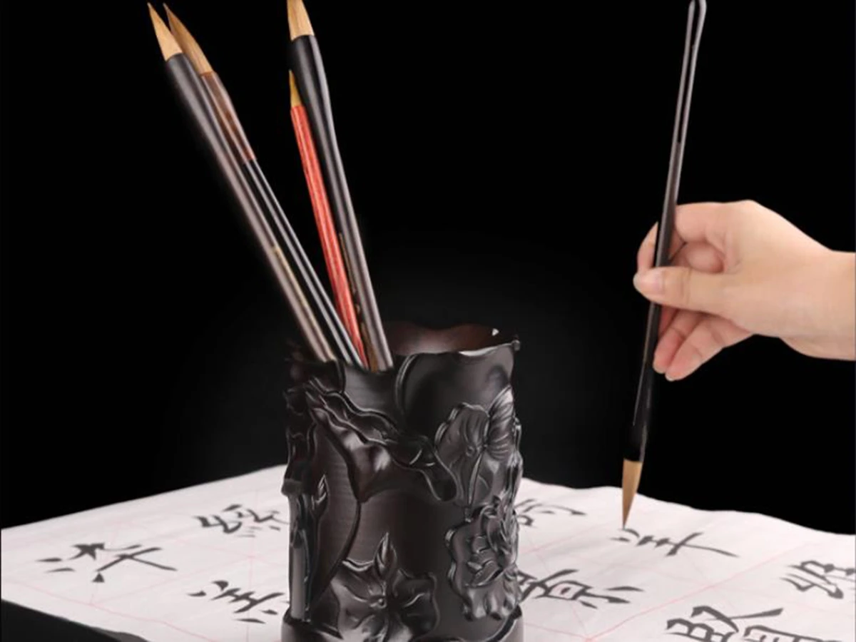 Chinese Painting Calligraphy Office Supplies Ebony Carving Lotus Ink Brush Pot Container Pen Holder Stationery Organizer