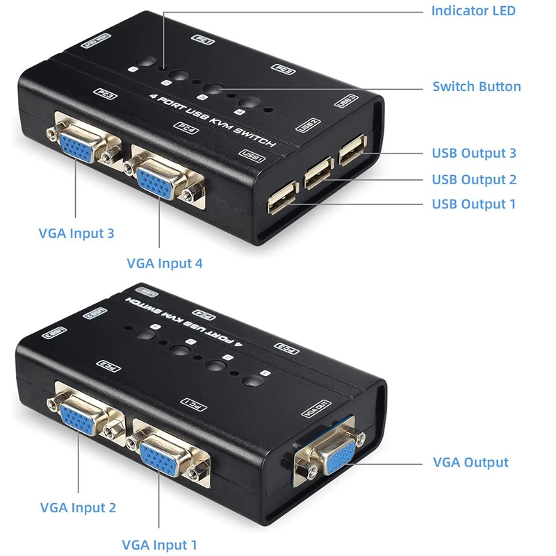 

USB VGA KVM Switch with 4 Cables, 4 Port Selector Switcher for 4PC Sharing One Video Monitor and 3 USB Devices